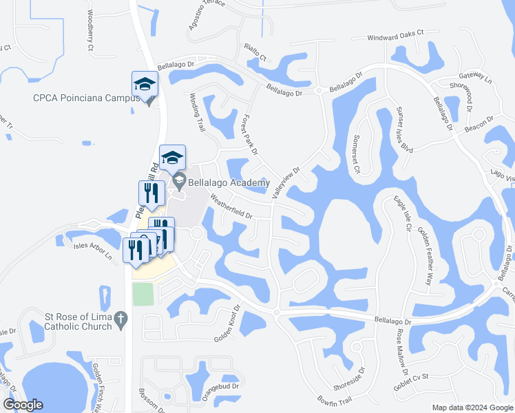 map of restaurants, bars, coffee shops, grocery stores, and more near 3636 Northwoods Drive in Kissimmee
