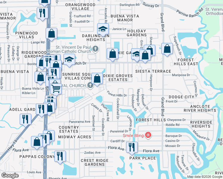 map of restaurants, bars, coffee shops, grocery stores, and more near 1750 Arcadia Road in Holiday