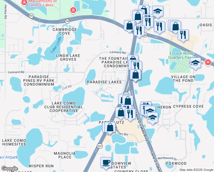map of restaurants, bars, coffee shops, grocery stores, and more near 20971 Negril Court in Lutz