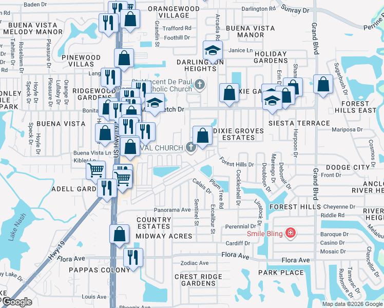 map of restaurants, bars, coffee shops, grocery stores, and more near 4826 Bartelt Road in Holiday