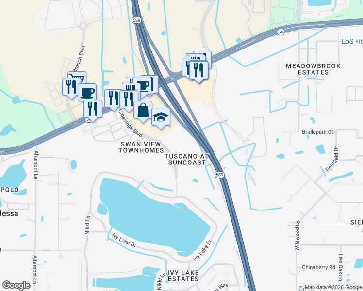 map of restaurants, bars, coffee shops, grocery stores, and more near 1409 Villa Capri Circle in Odessa