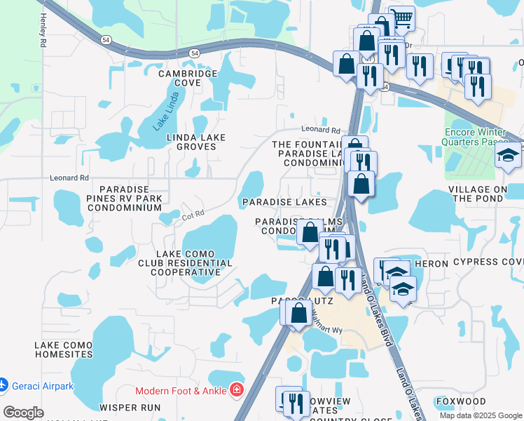 map of restaurants, bars, coffee shops, grocery stores, and more near 20865 Haulover Cove Road in Lutz