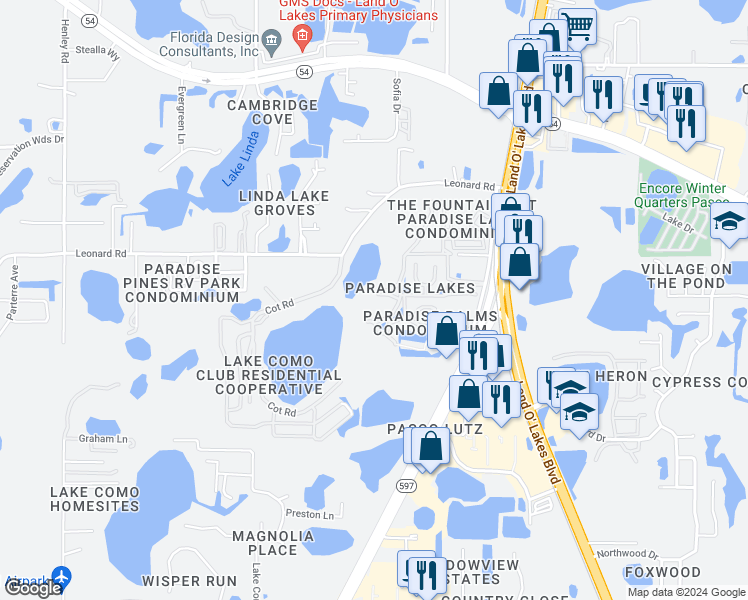 map of restaurants, bars, coffee shops, grocery stores, and more near 20865 Haulover Cove Road in Lutz