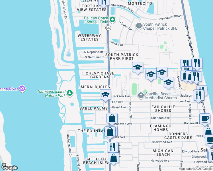 map of restaurants, bars, coffee shops, grocery stores, and more near 62 Emerald Court in Satellite Beach