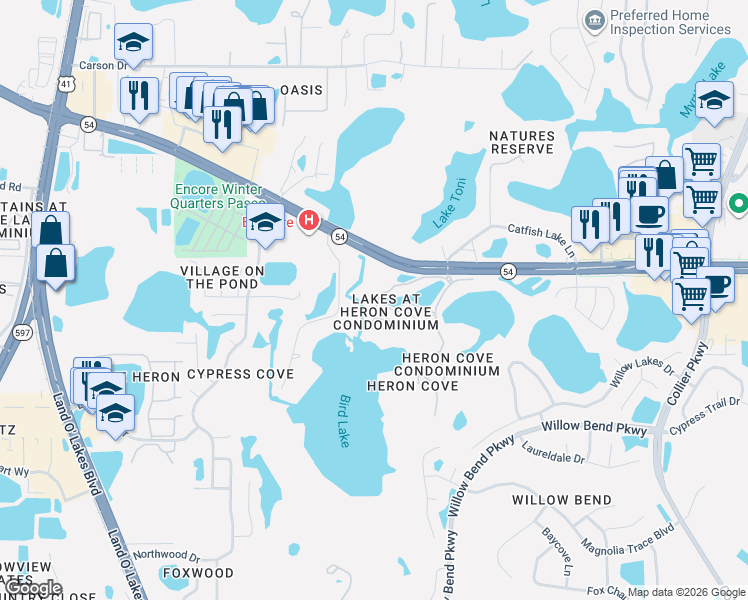 map of restaurants, bars, coffee shops, grocery stores, and more near 1831 Hammocks Avenue in Lutz