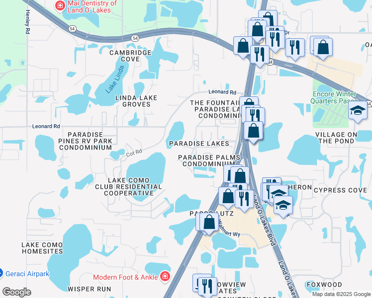 map of restaurants, bars, coffee shops, grocery stores, and more near 20865 Haulover Cove Road in Lutz