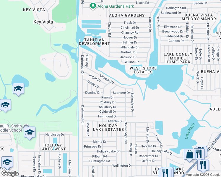map of restaurants, bars, coffee shops, grocery stores, and more near 1753 Kenilworth Street in Holiday