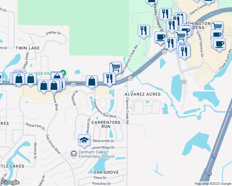 map of restaurants, bars, coffee shops, grocery stores, and more near 1921 Tinker Drive in Lutz