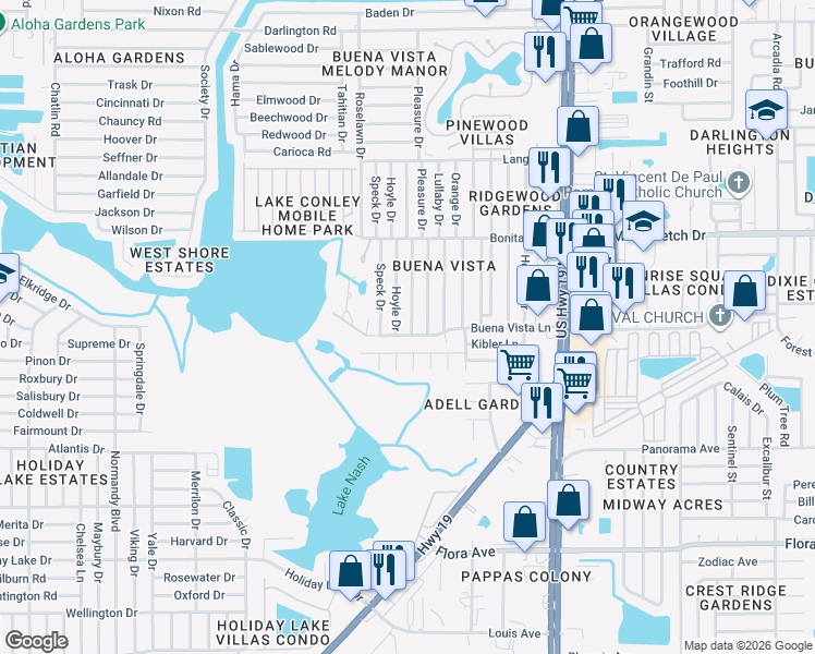 map of restaurants, bars, coffee shops, grocery stores, and more near 1749 Shady Cove Drive in Holiday