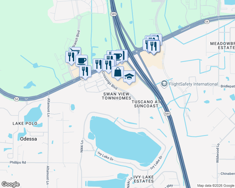 map of restaurants, bars, coffee shops, grocery stores, and more near 16300 Swan View Circle in Odessa