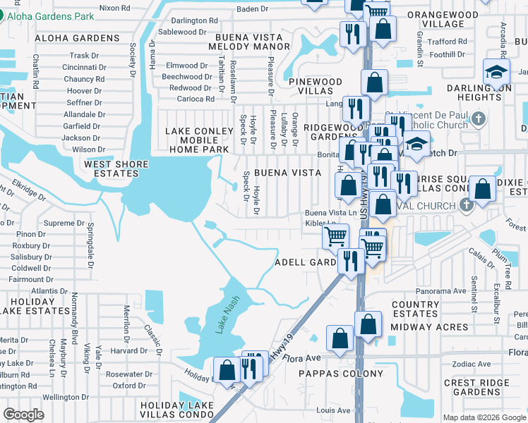 map of restaurants, bars, coffee shops, grocery stores, and more near 1749 Shady Cove Drive in Holiday