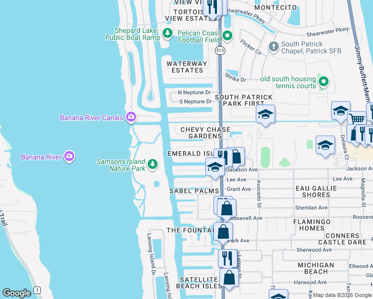 map of restaurants, bars, coffee shops, grocery stores, and more near 652 North Hedgecock Square in Satellite Beach
