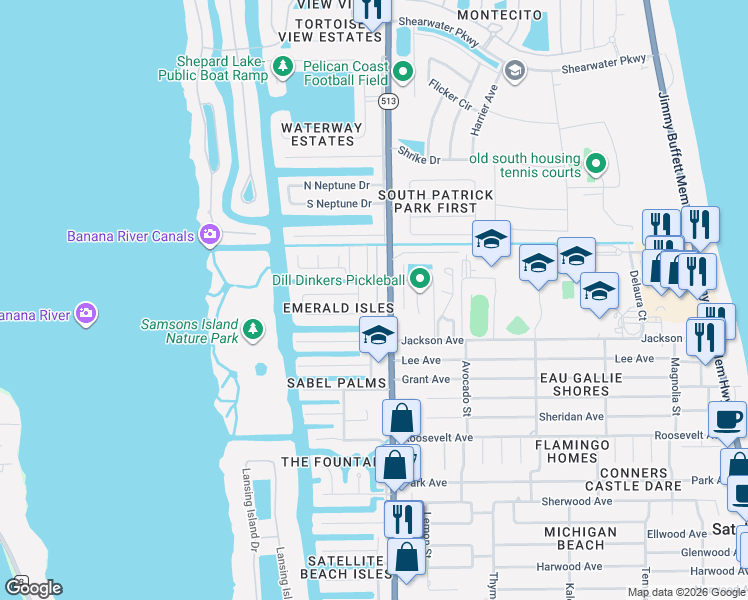 map of restaurants, bars, coffee shops, grocery stores, and more near 68 Emerald Court in Satellite Beach