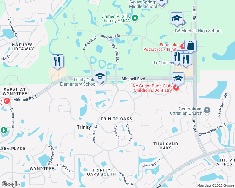 map of restaurants, bars, coffee shops, grocery stores, and more near 1754 Kinsmere Drive in Trinity