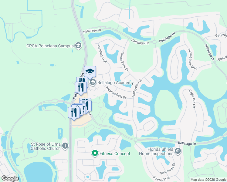 map of restaurants, bars, coffee shops, grocery stores, and more near 3624 Northwoods Drive in Kissimmee
