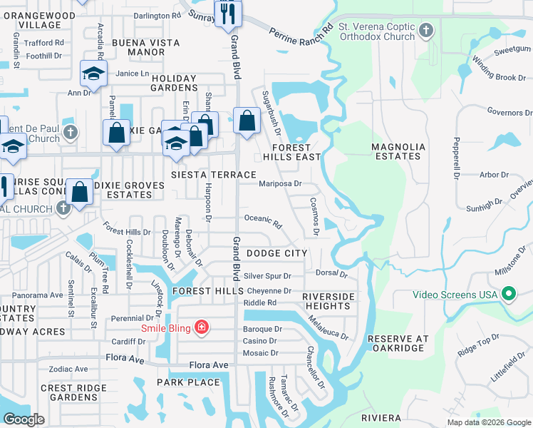 map of restaurants, bars, coffee shops, grocery stores, and more near 5551 Oceanic Road in Holiday