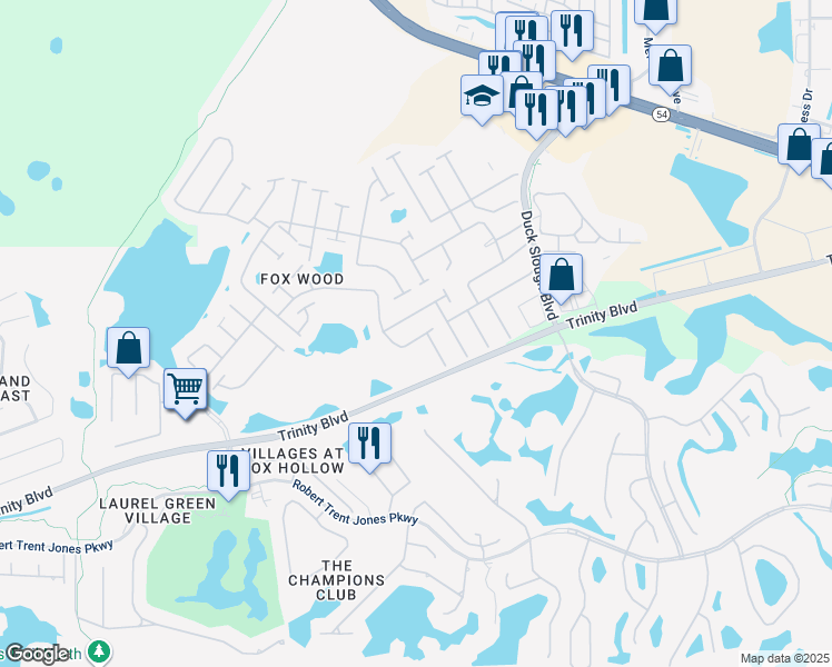 map of restaurants, bars, coffee shops, grocery stores, and more near 10643 Eveningwood Court in Trinity