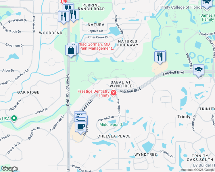 map of restaurants, bars, coffee shops, grocery stores, and more near 7246 Gaberia Road in Trinity