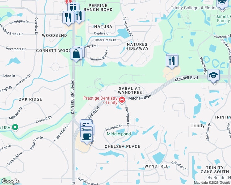 map of restaurants, bars, coffee shops, grocery stores, and more near 7246 Gaberia Road in Trinity