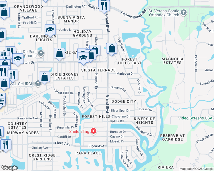 map of restaurants, bars, coffee shops, grocery stores, and more near 1745 Grand Boulevard in Holiday