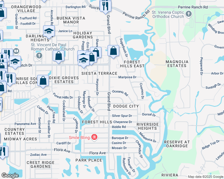 map of restaurants, bars, coffee shops, grocery stores, and more near 5515 Oceanic Road in Holiday
