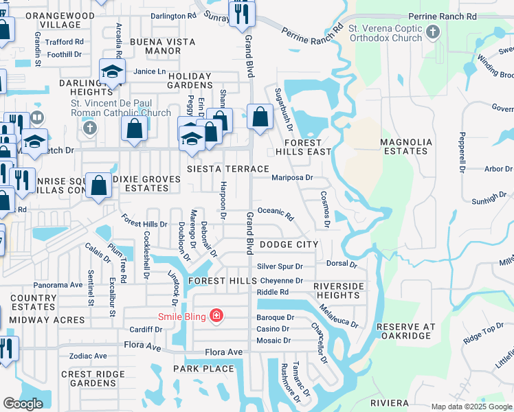 map of restaurants, bars, coffee shops, grocery stores, and more near 5513 Oceanic Road in Holiday