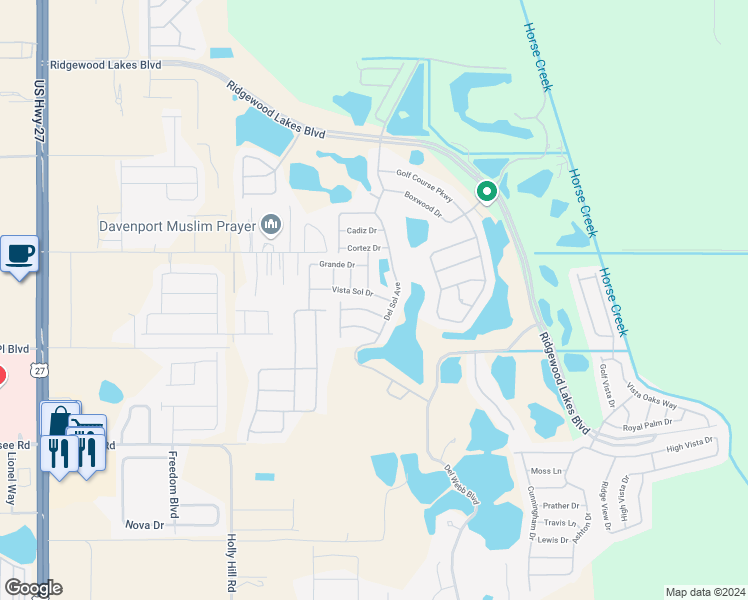 map of restaurants, bars, coffee shops, grocery stores, and more near 517 Vista Sol Drive in Davenport