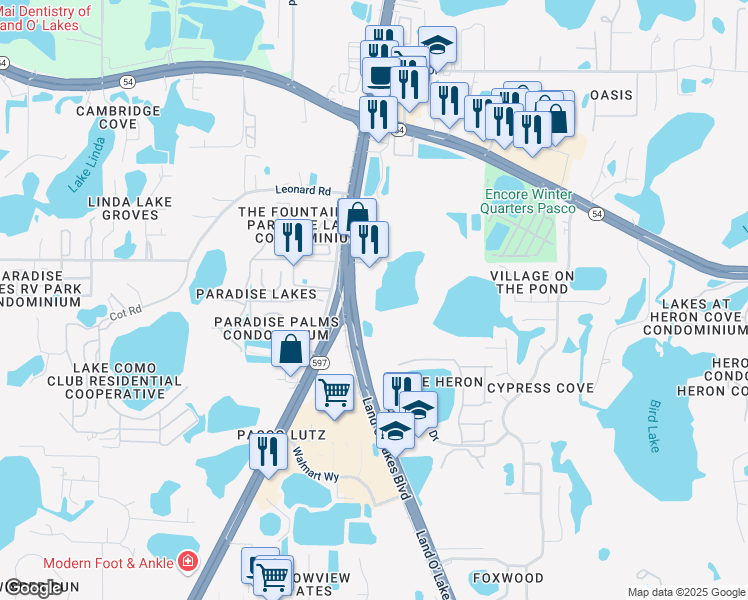 map of restaurants, bars, coffee shops, grocery stores, and more near 1930 Land O' Lakes Boulevard in Lutz