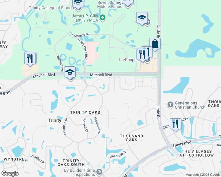 map of restaurants, bars, coffee shops, grocery stores, and more near 8415-8419 Hawbuck Street in Trinity