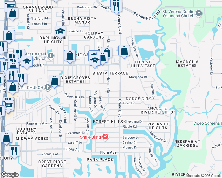 map of restaurants, bars, coffee shops, grocery stores, and more near 1748 Harpoon Drive in Holiday