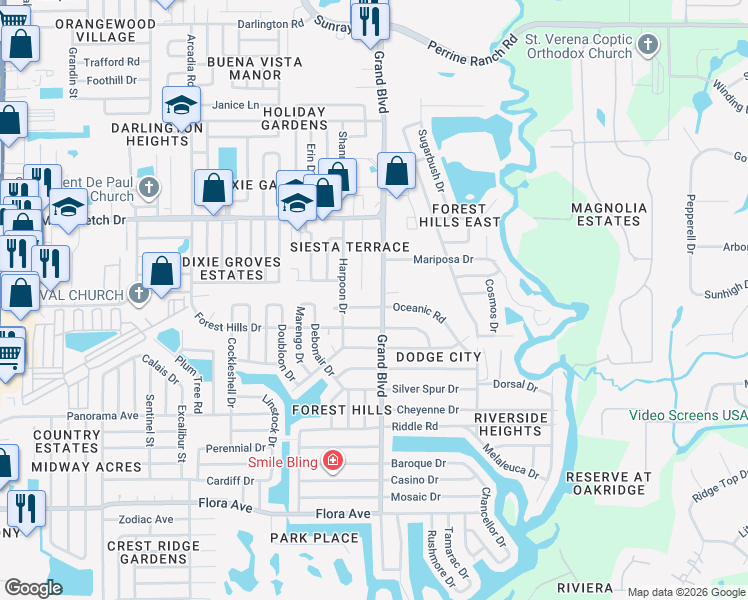 map of restaurants, bars, coffee shops, grocery stores, and more near 1745 Grand Boulevard in Holiday