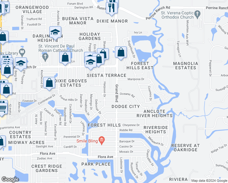 map of restaurants, bars, coffee shops, grocery stores, and more near 5441 Oceanic Road in Holiday