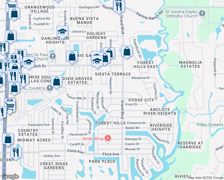 map of restaurants, bars, coffee shops, grocery stores, and more near 1748 Harpoon Drive in Holiday