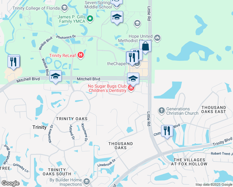 map of restaurants, bars, coffee shops, grocery stores, and more near 8621 Hawbuck Street in Trinity