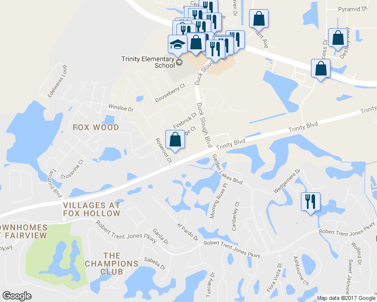 map of restaurants, bars, coffee shops, grocery stores, and more near 1753 Loch Haven Court in Trinity
