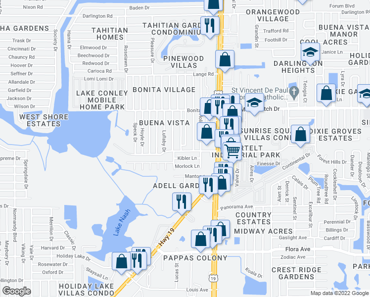 map of restaurants, bars, coffee shops, grocery stores, and more near 4307 Buena Vista Lane in Holiday