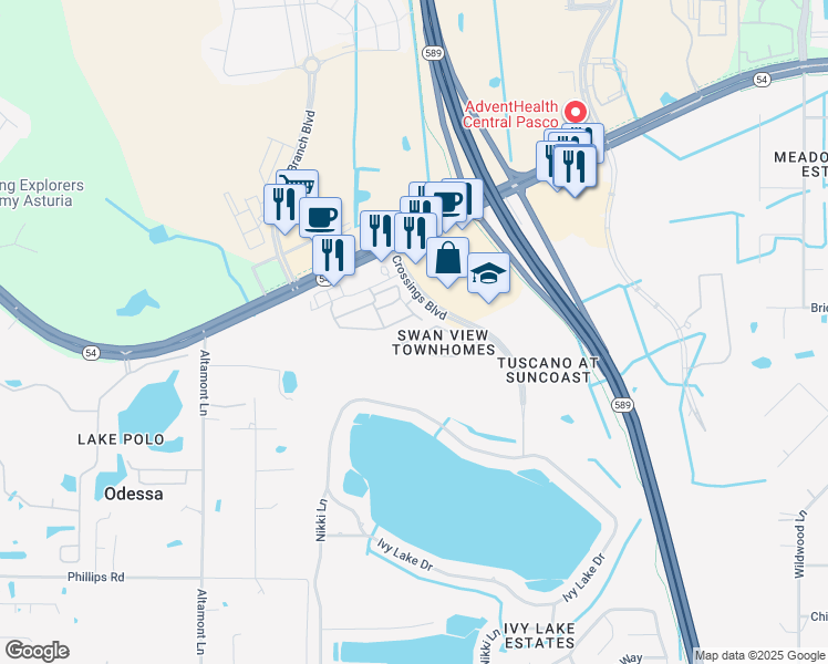 map of restaurants, bars, coffee shops, grocery stores, and more near 16229 Swan View Circle in Odessa