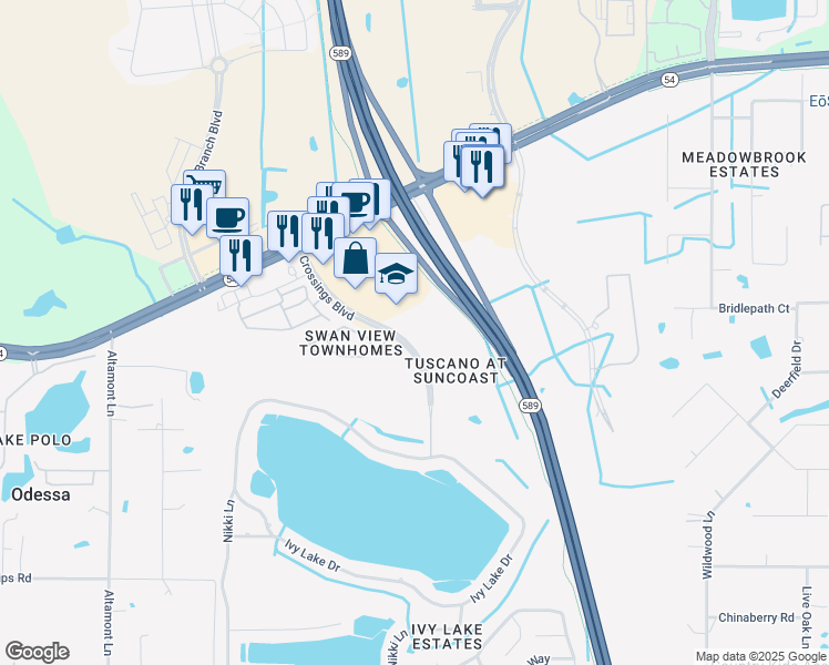 map of restaurants, bars, coffee shops, grocery stores, and more near 1812 Crossing Boulevard in Odessa