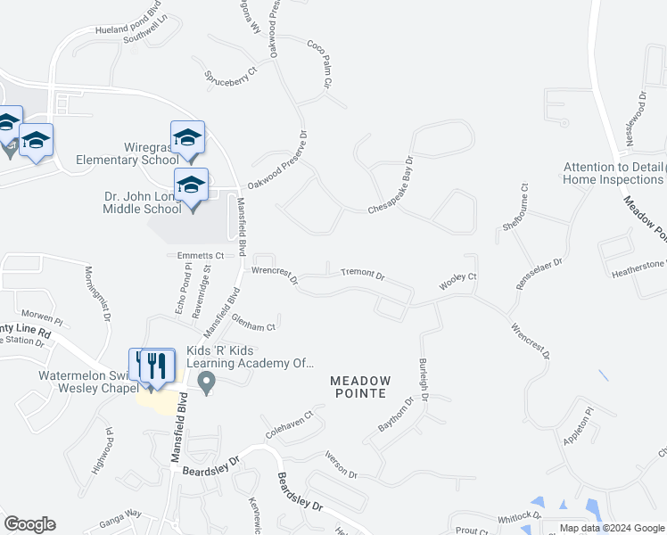 map of restaurants, bars, coffee shops, grocery stores, and more near 1924 Fellsway Court in Zephyrhills