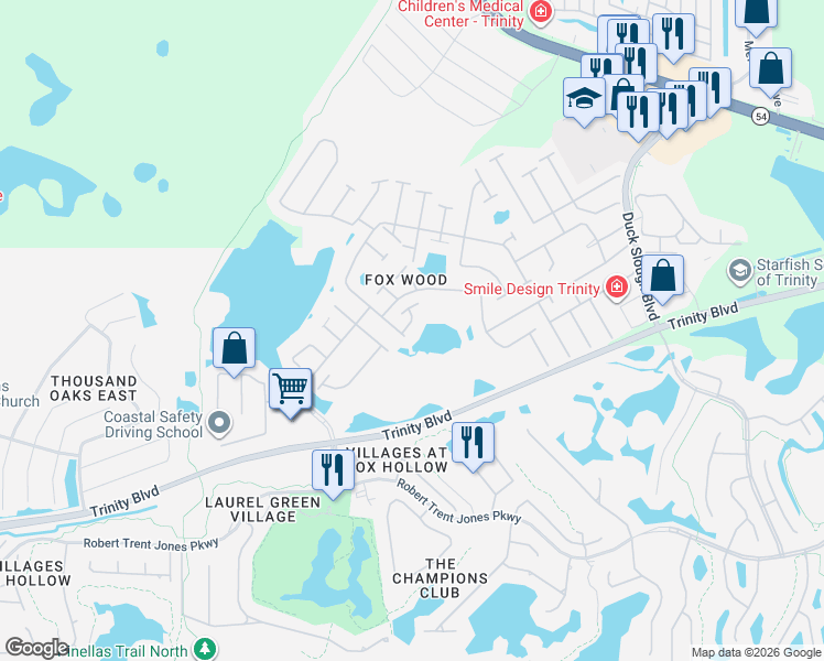 map of restaurants, bars, coffee shops, grocery stores, and more near 1752 Arturus Lane in Trinity