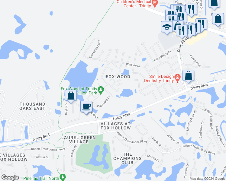 map of restaurants, bars, coffee shops, grocery stores, and more near 1723 Winsloe Drive in Trinity