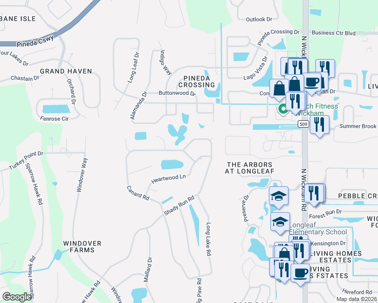 map of restaurants, bars, coffee shops, grocery stores, and more near 3350 Shady Run Road in Melbourne