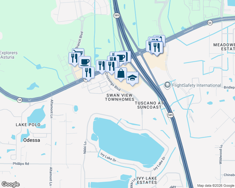 map of restaurants, bars, coffee shops, grocery stores, and more near 16302 Swan View Circle in Odessa