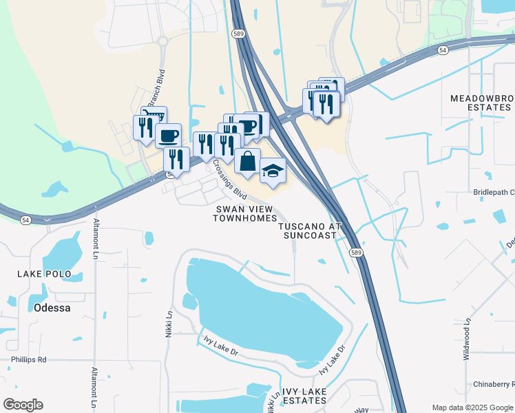 map of restaurants, bars, coffee shops, grocery stores, and more near 16345 Swan View Circle in Odessa