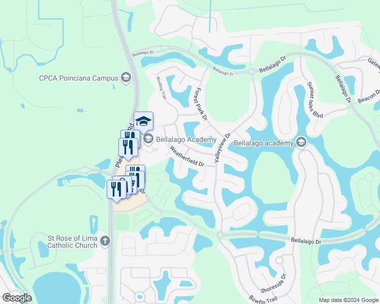 map of restaurants, bars, coffee shops, grocery stores, and more near 3624 Northwoods Drive in Kissimmee