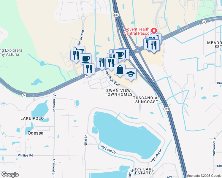 map of restaurants, bars, coffee shops, grocery stores, and more near 16231 Swan View Circle in Odessa