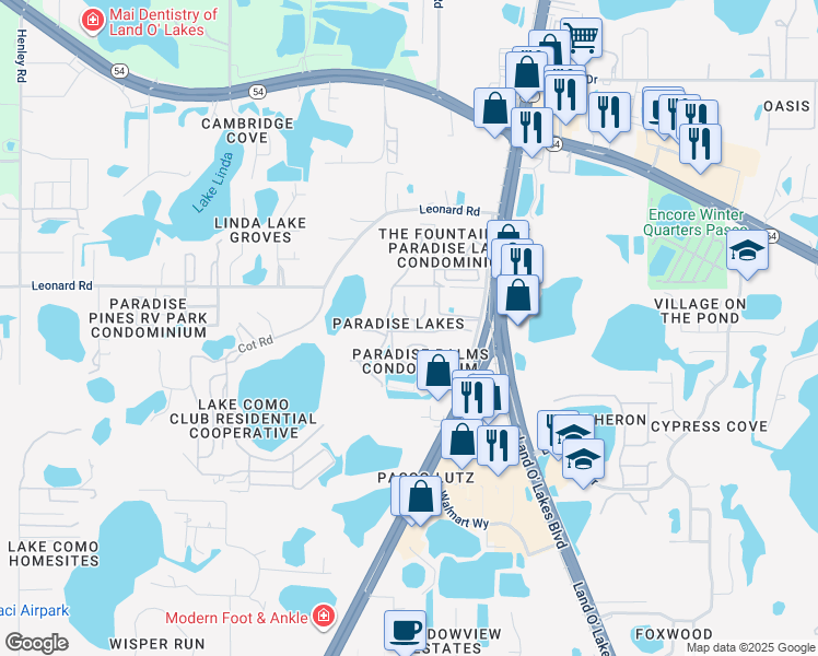 map of restaurants, bars, coffee shops, grocery stores, and more near in Land O' Lakes