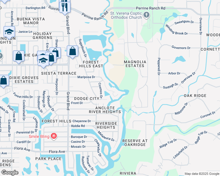 map of restaurants, bars, coffee shops, grocery stores, and more near 5881 Mariposa Drive in Holiday
