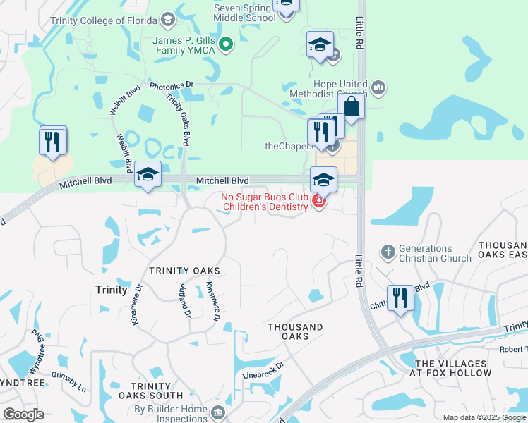 map of restaurants, bars, coffee shops, grocery stores, and more near 8548 Hawbuck Street in Trinity