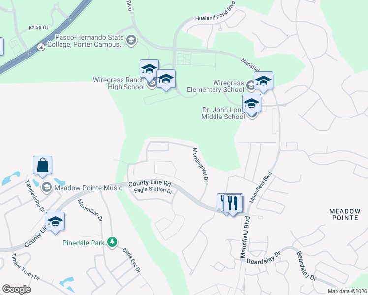 map of restaurants, bars, coffee shops, grocery stores, and more near 29740 Morningmist Drive in Zephyrhills